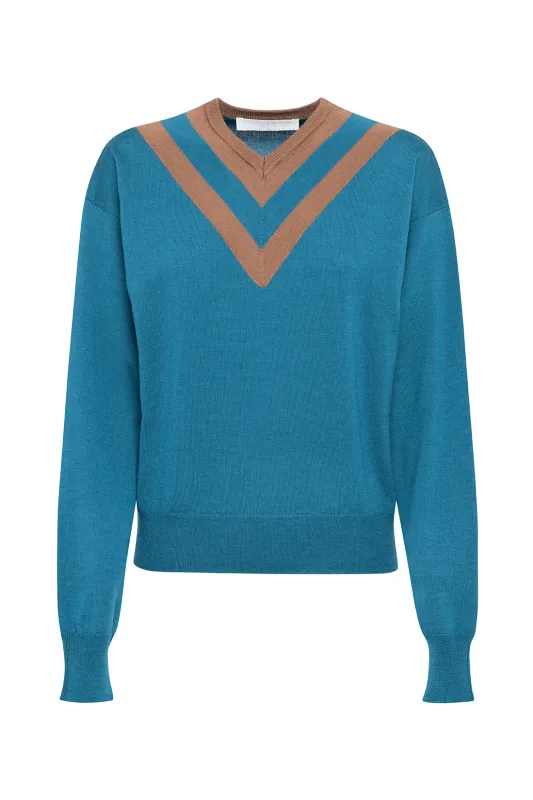 Two-Tone Patterned Merino Wool V-Neck Sweater sold by Tela