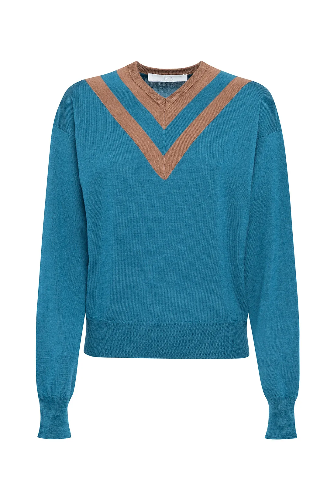 Two-Tone Patterned Merino Wool V-Neck Sweater sold by Tela