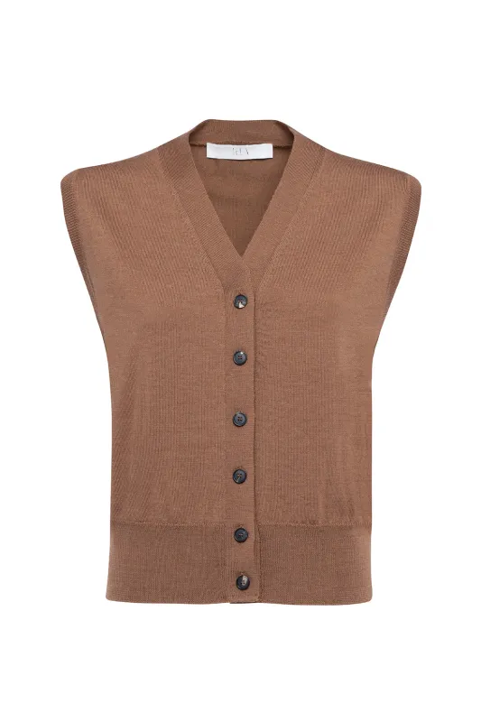 Caramel Merino Wool Vest With Front Buttoning Closure And V-Neckline sold by Tela