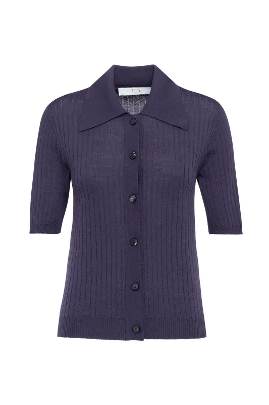 Aubergine Ribbed Merino Wool Polo Shirt With Front Button Closure sold by Tela