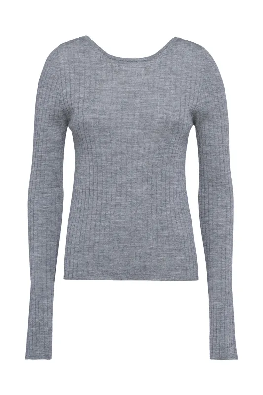 Grey Ribbed Long-Sleeve Merino Wool Top sold by Tela