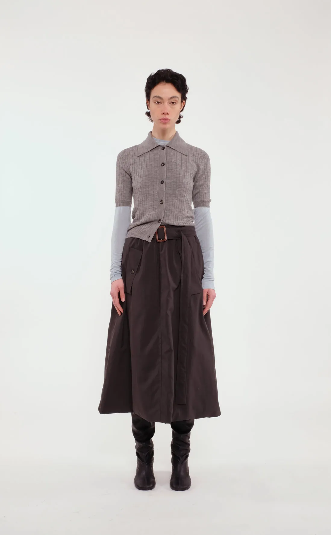 Grey Ribbed Merino Wool Polo Shirt With Front Button Closure sold by Tela product image thumbnail 3