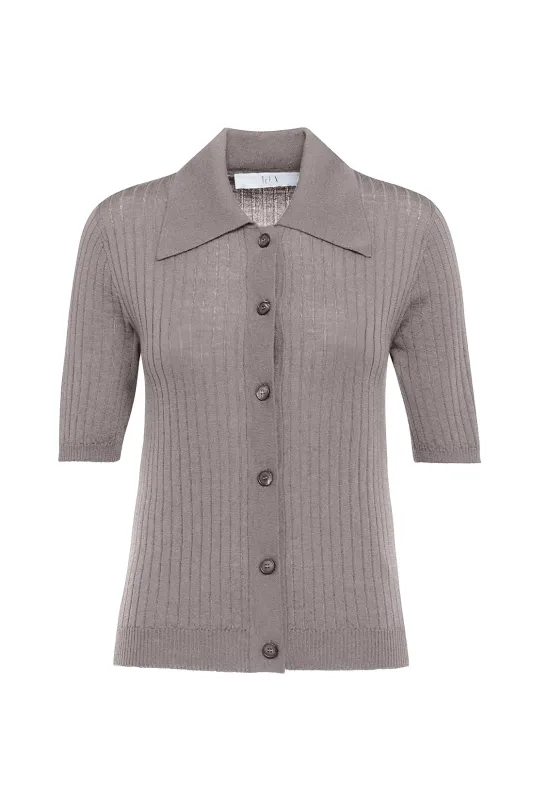 Grey Ribbed Merino Wool Polo Shirt With Front Button Closure sold by Tela