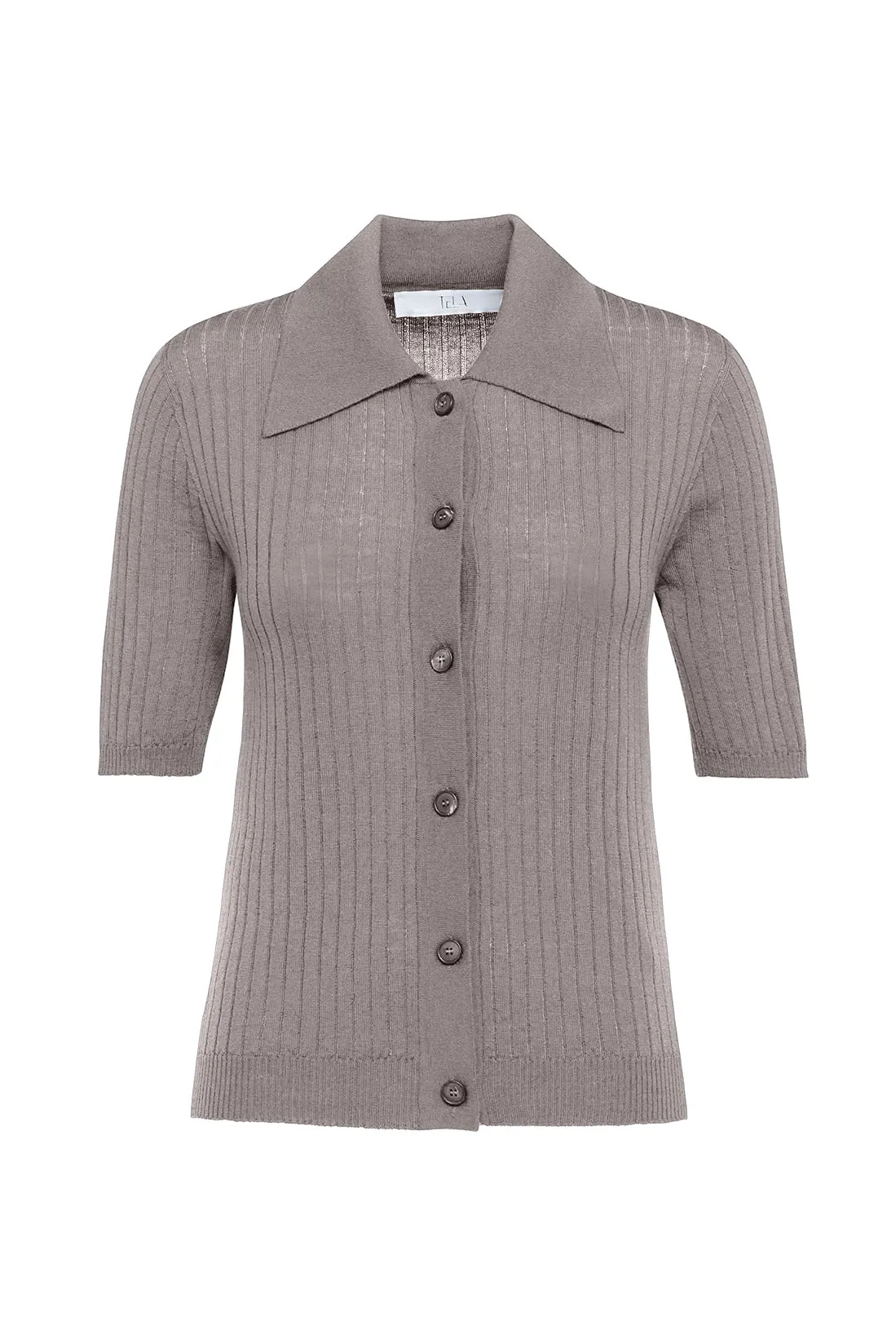 Grey Ribbed Merino Wool Polo Shirt With Front Button Closure sold by Tela