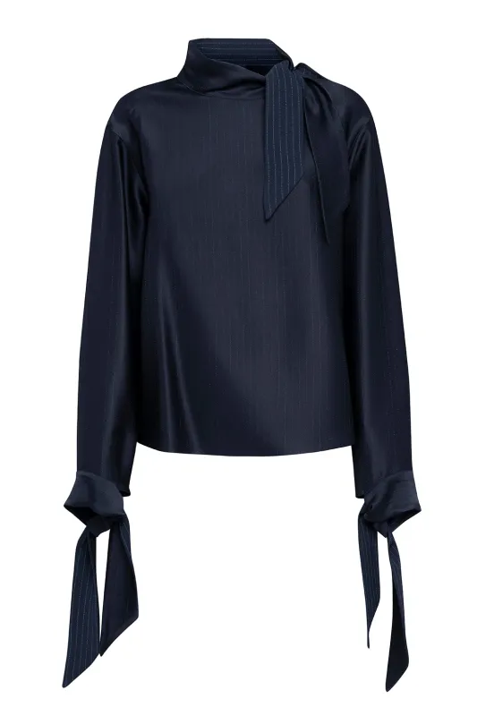 Long-Sleeved Pinstriped Fluid Blue Shirt With Ribbons Detail made by Tela