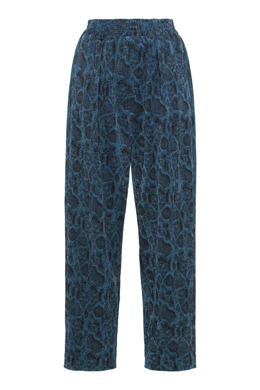 Teal Blue Snakeskin-Print Straight-Leg Trousers sold by Tela