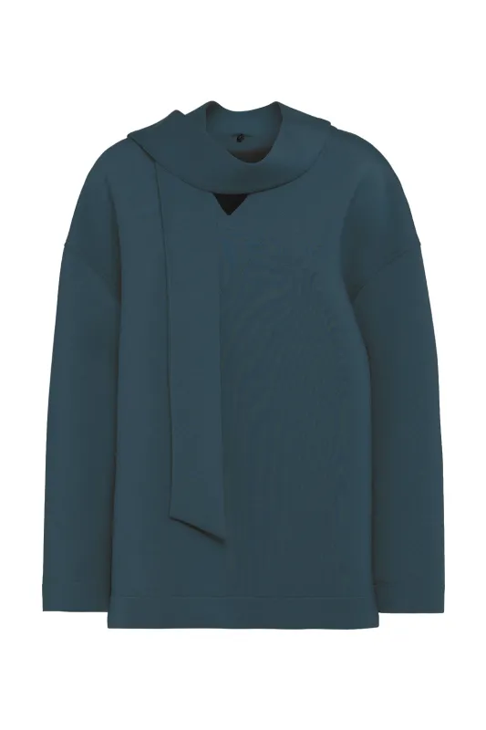 Soft Forest Green V-neck Sweatshirt With Scarf In Scuba Jersey sold by Tela
