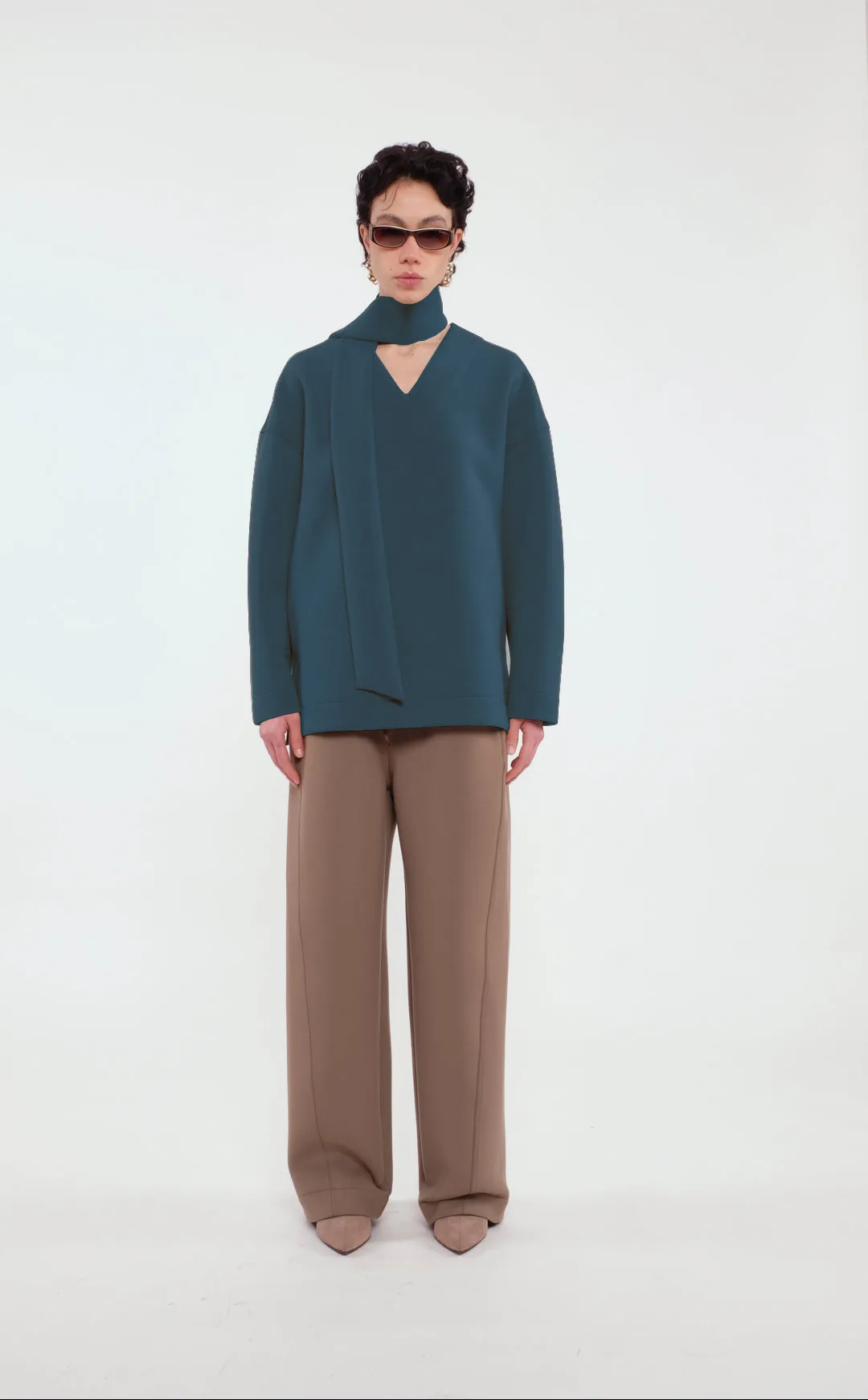 Soft Forest Green V-neck Sweatshirt With Scarf In Scuba Jersey sold by Tela product image thumbnail 3