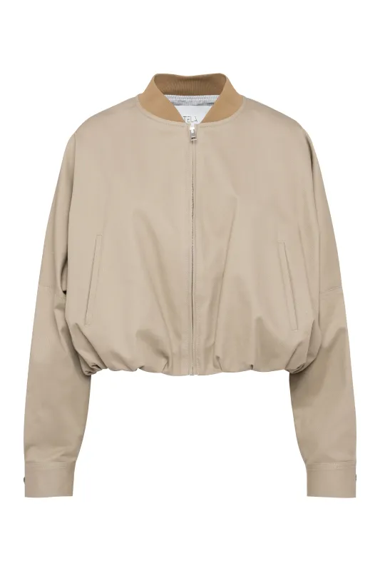 Cropped Ruched Cotton Jacket In Sand Color With Zipper sold by Tela