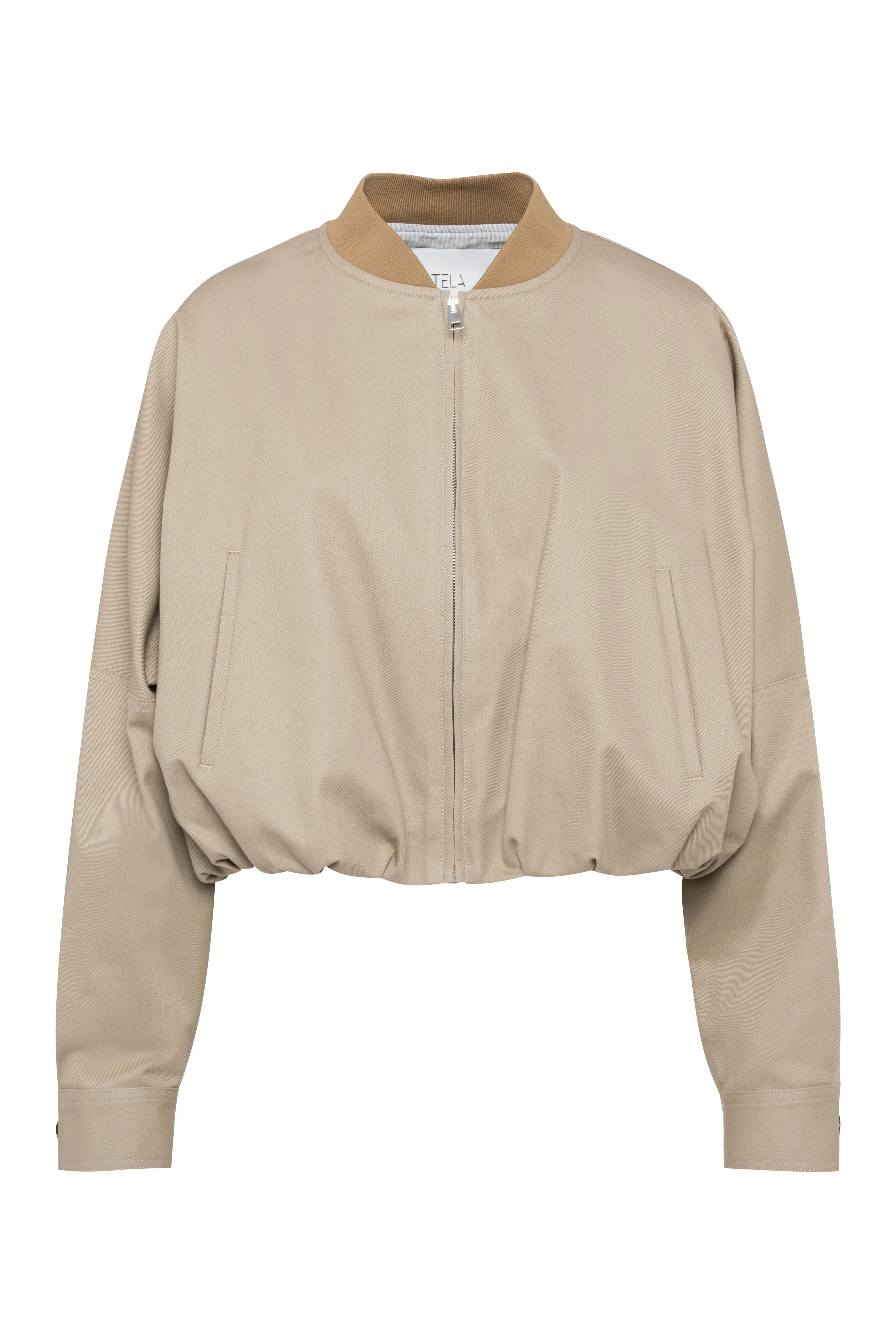 Cropped Ruched Cotton Jacket In Sand Color With Zipper sold by Tela