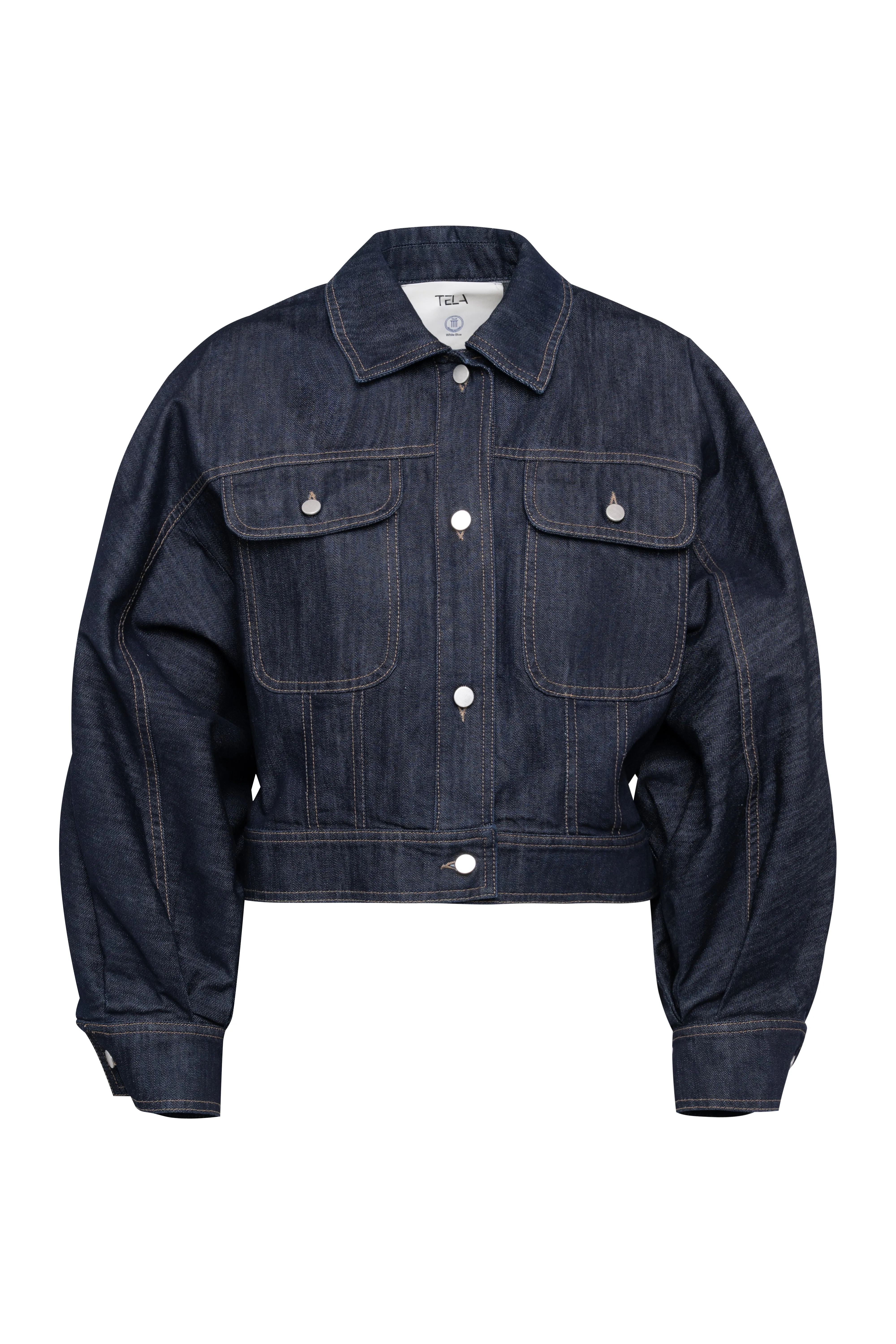 Dark Blue Denim Cropped Shirt Jacket sold by Tela