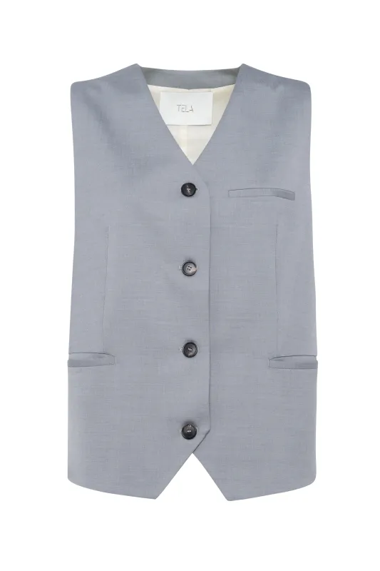 Elegant Grey Vest With Front Button Closure In Cool Wool made by Tela