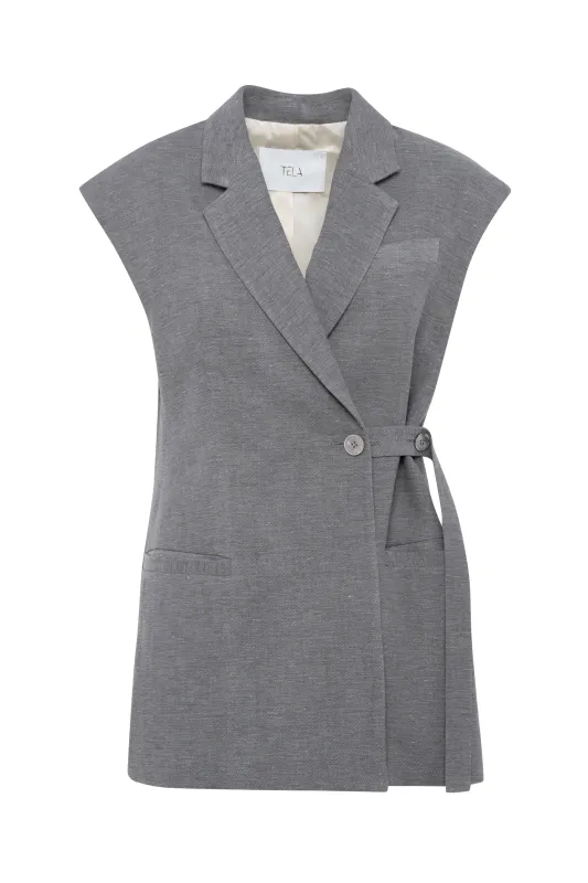Grey Linen Vest With Adjustable Button made by Tela