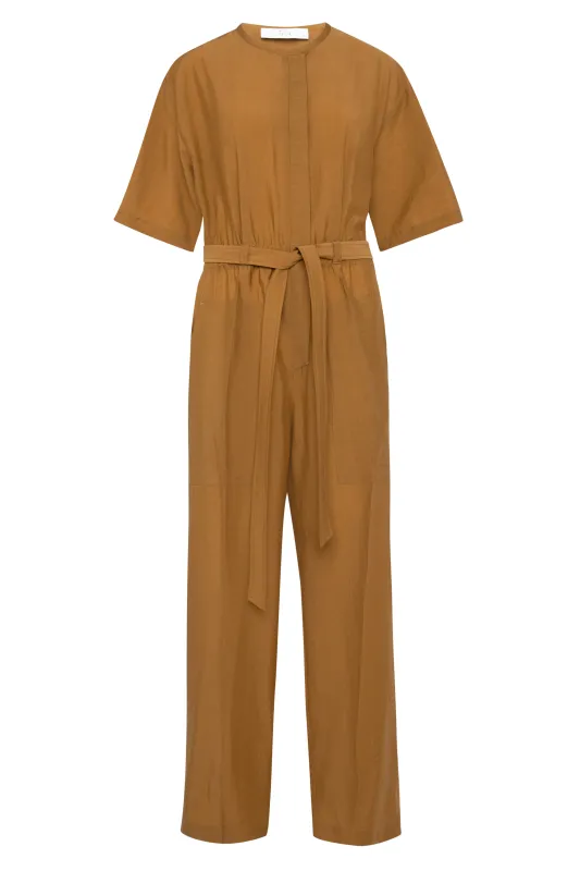 Short-Sleeve Mustard Tencel Long Jumpsuit made by Tela