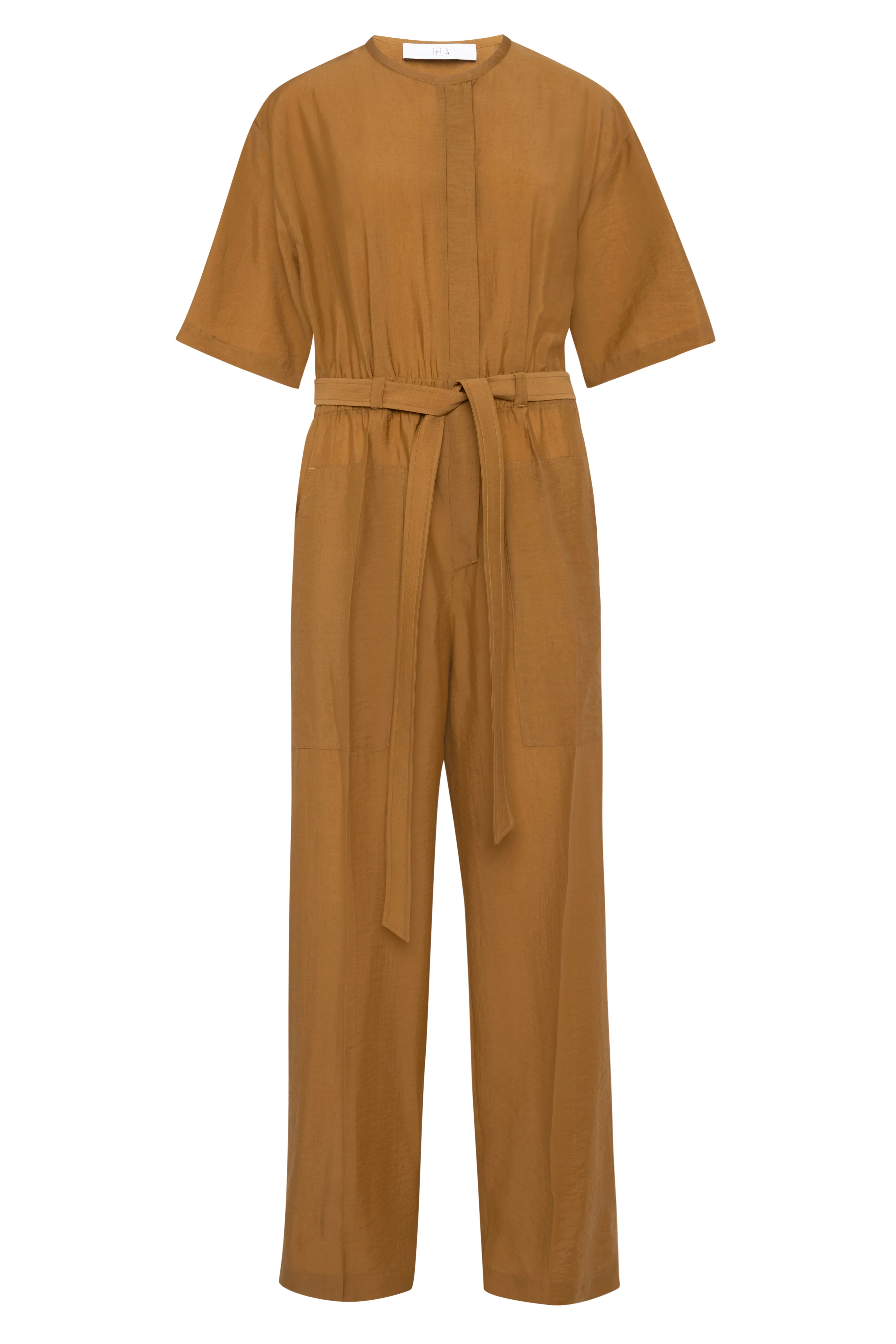 Short-Sleeve Mustard Tencel Long Jumpsuit sold by Tela
