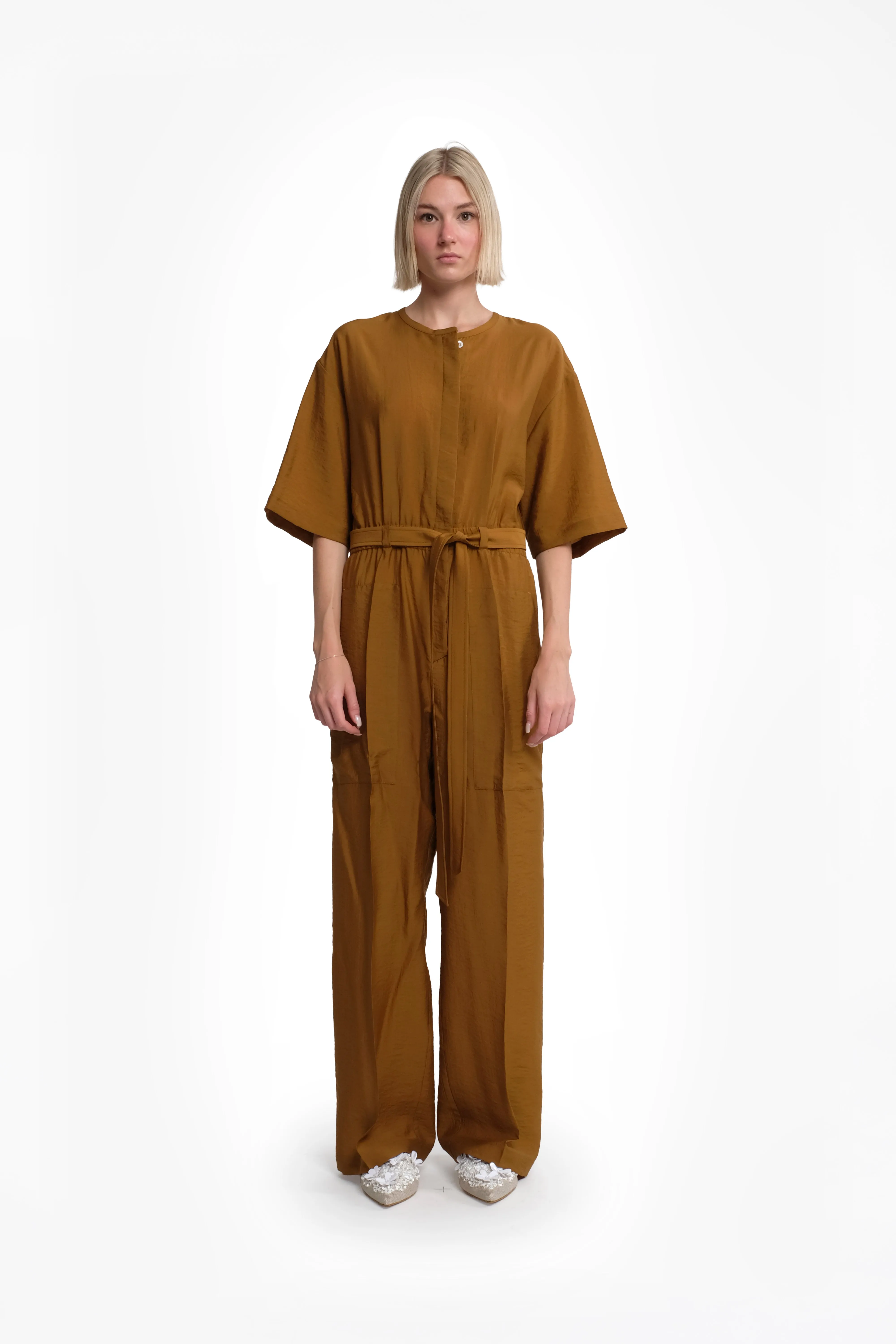 Short-Sleeve Mustard Tencel Long Jumpsuit sold by Tela product image thumbnail 3