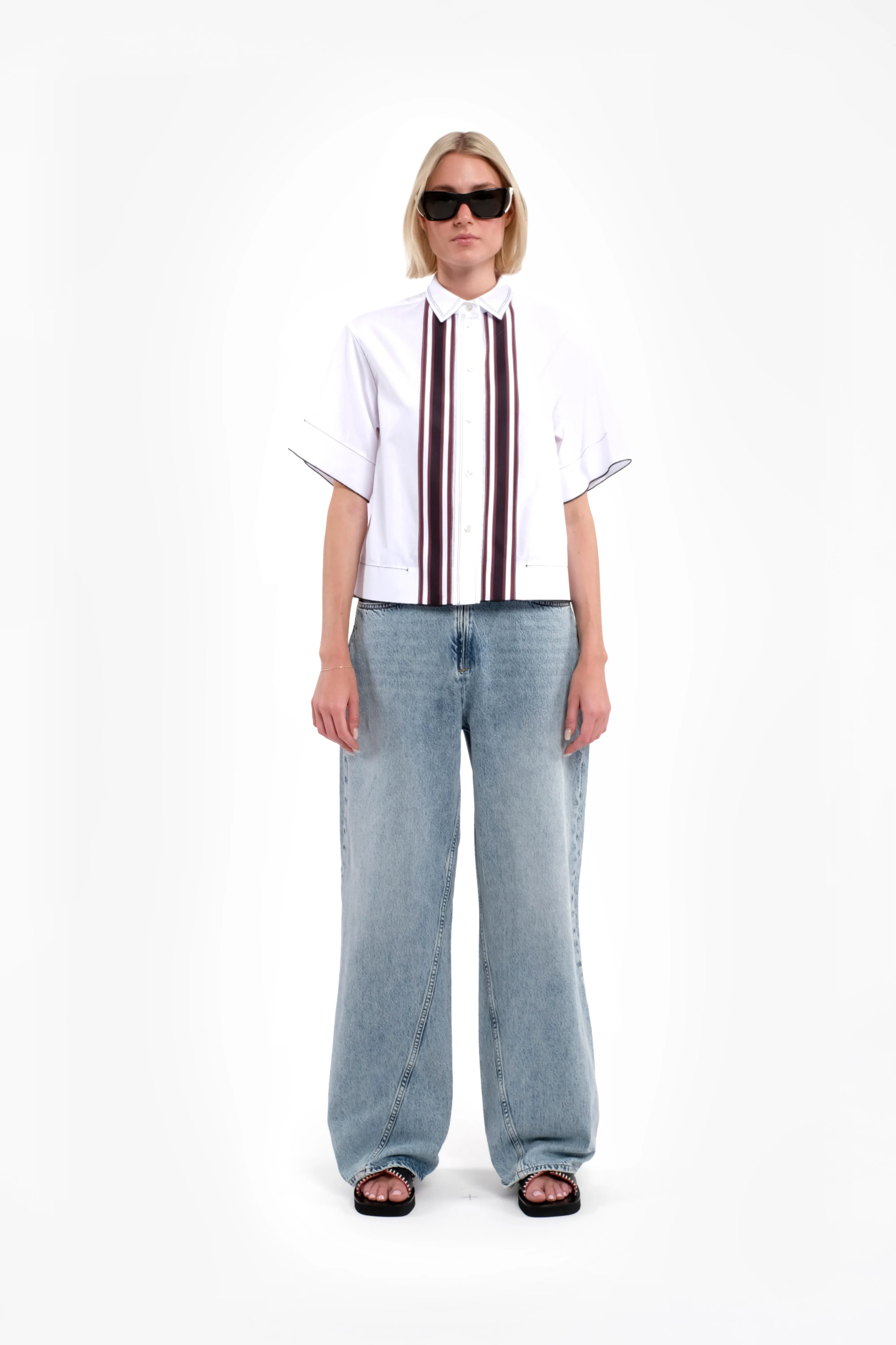 Short-Sleeve White Poplin Polo Shirt With Front Stripes sold by Tela product image thumbnail 3