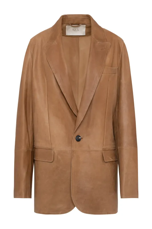 Single-Breasted Blazer Jacket In Beige Waxed Suede made by Tela