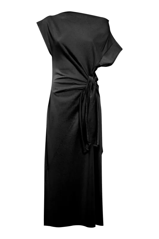 Black Asymmetric Short-Sleeve Maxi Dress With Front Knot In Jersey made by Tela
