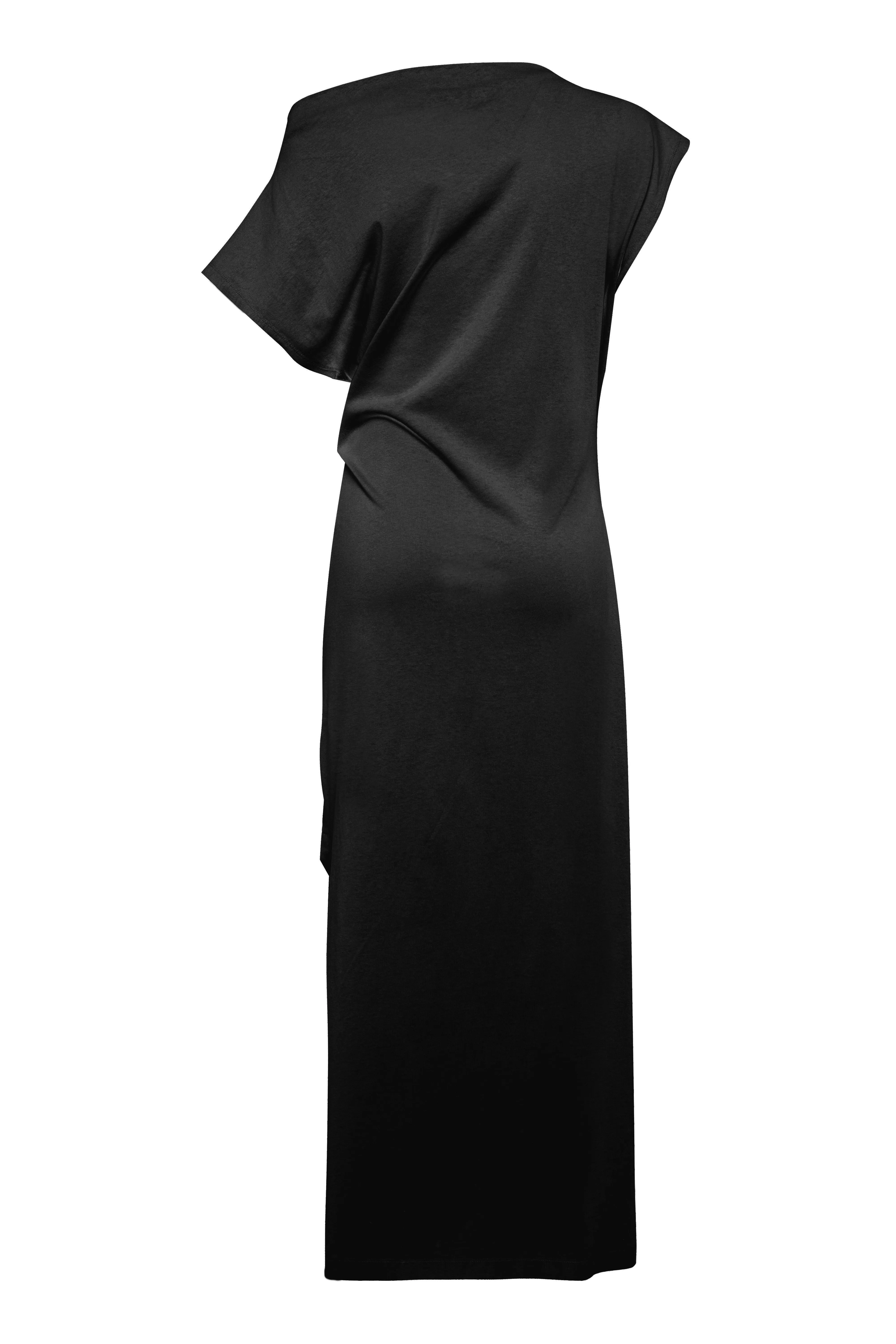 Black Asymmetric Short-Sleeve Maxi Dress With Front Knot In Jersey sold by Tela product image thumbnail 2