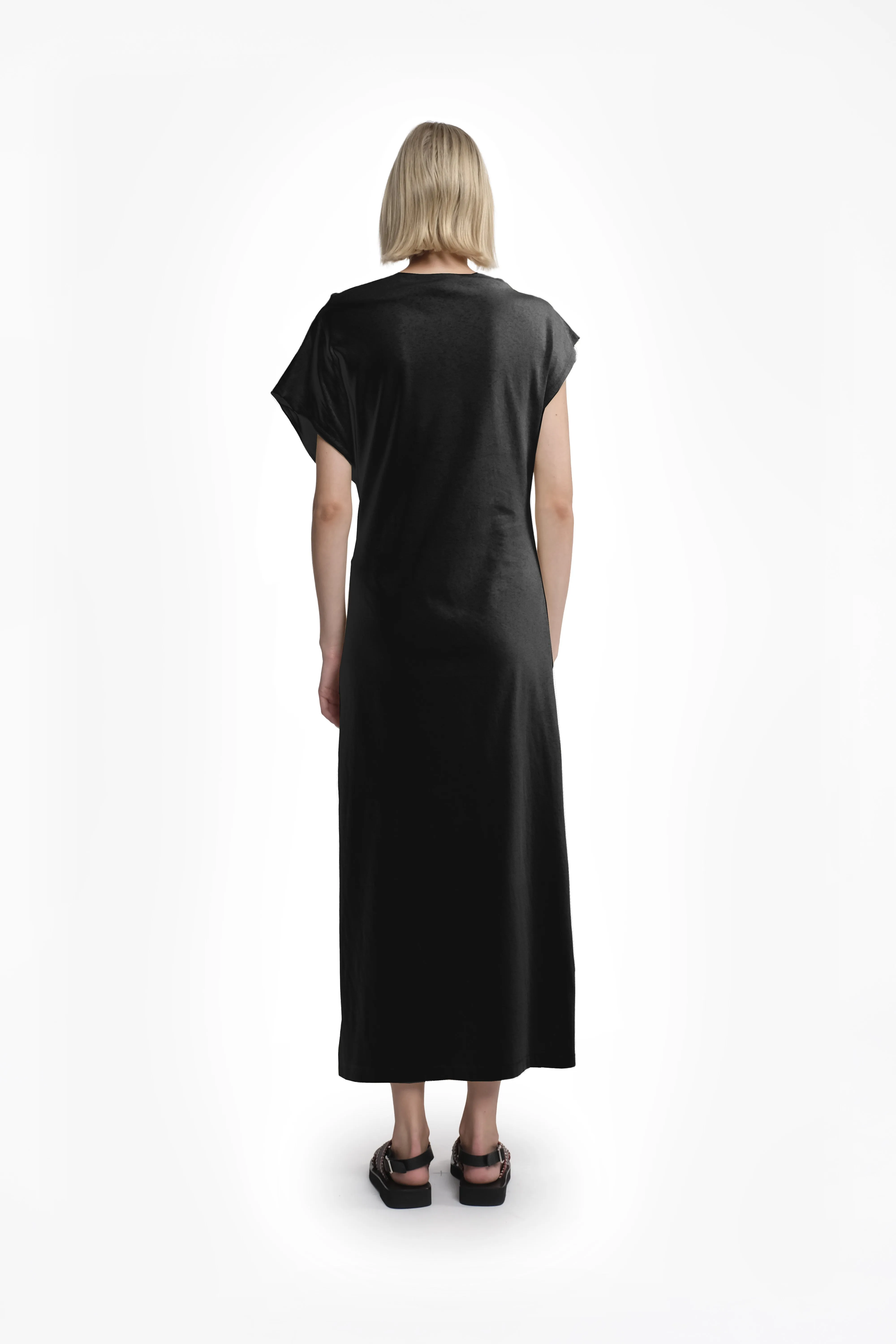 Black Asymmetric Short-Sleeve Maxi Dress With Front Knot In Jersey sold by Tela product image thumbnail 4