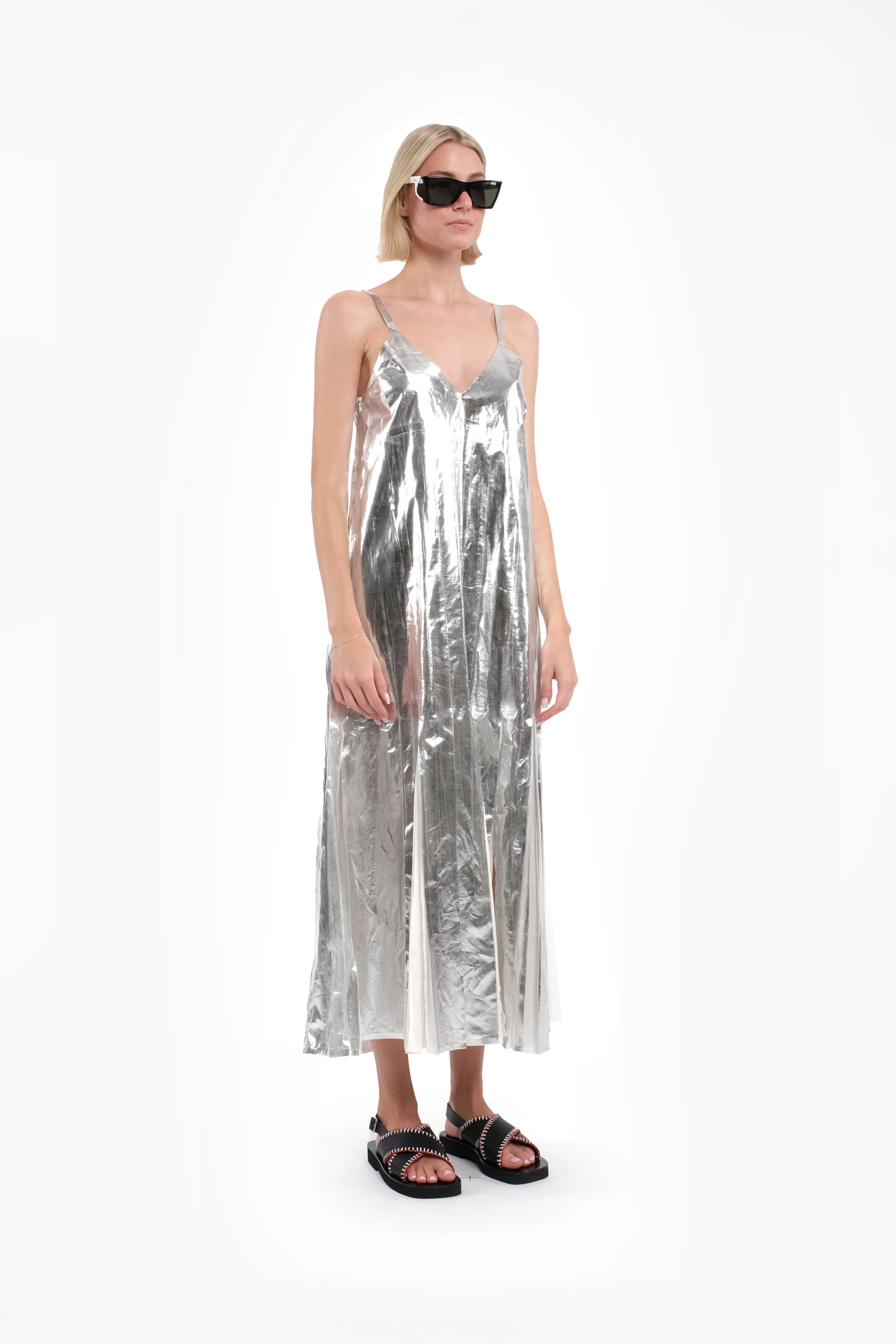 Sleeveless Maxi Dress In Silver Laminated Muslin sold by Tela product image thumbnail 3