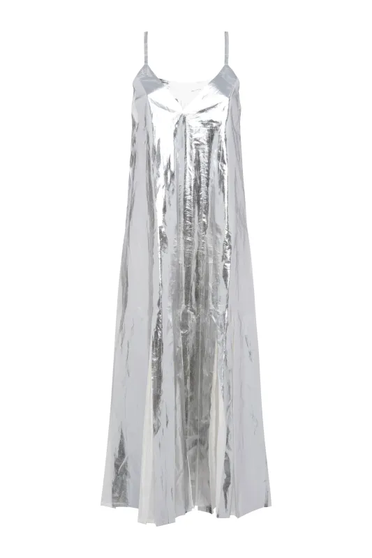 Sleeveless Maxi Dress In Silver Laminated Muslin made by Tela
