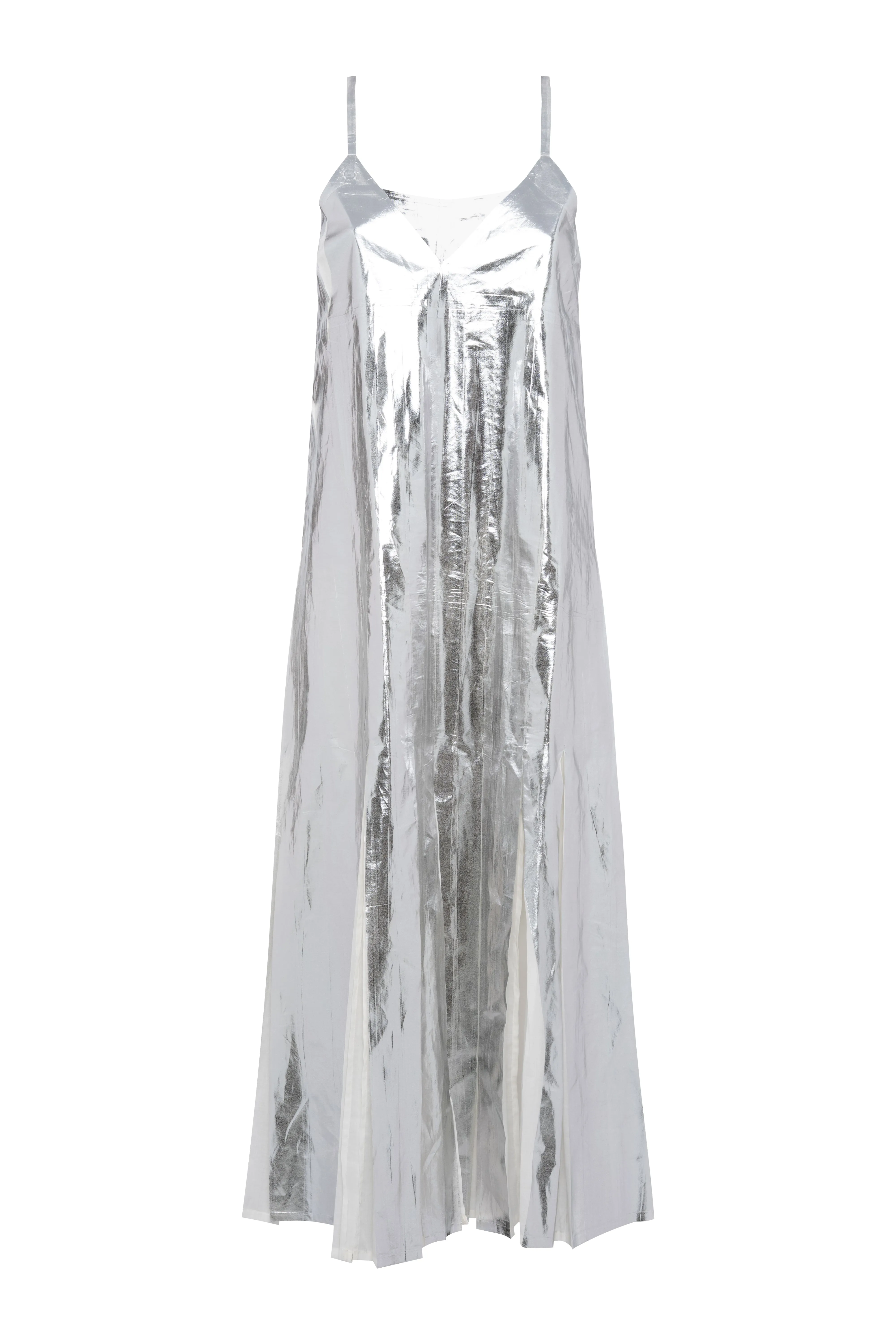 Sleeveless Maxi Dress In Silver Laminated Muslin sold by Tela