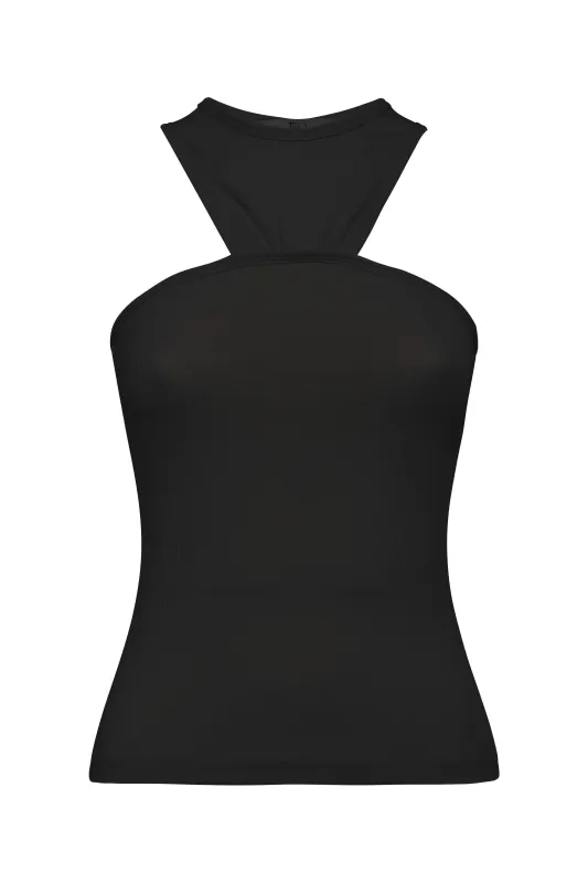 Sleeveless Black Ribbed Cotton Jersey Top With Halter Neckline made by Tela