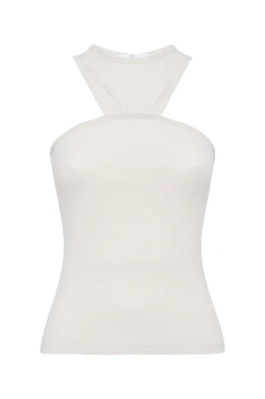 Sleeveless Chalk White Ribbed Cotton Jersey Top With Halter Neckline made by Tela