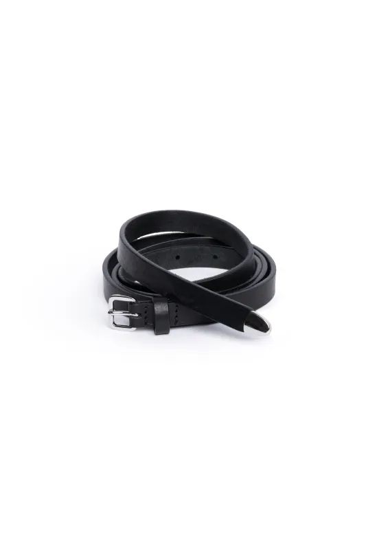Black Slim Leather Belt With Silver Buckle made by Tela