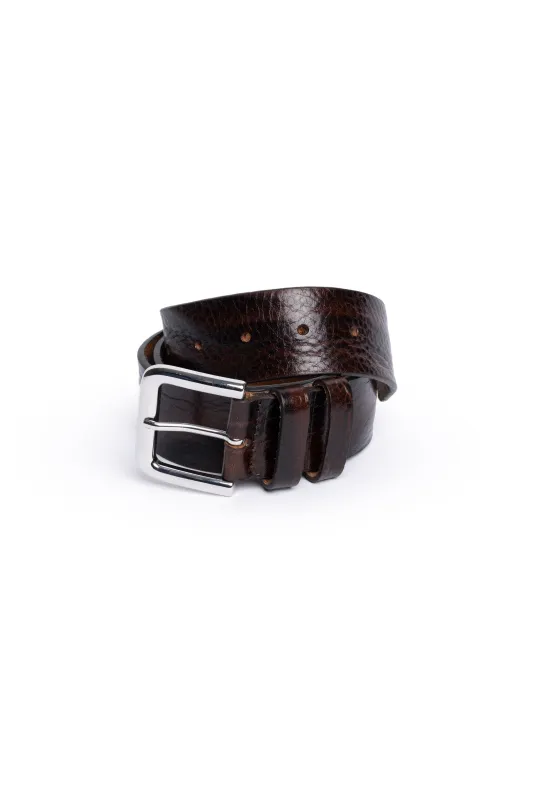Dark Brown Crinkled Leather Belt With Silver Buckle made by Tela