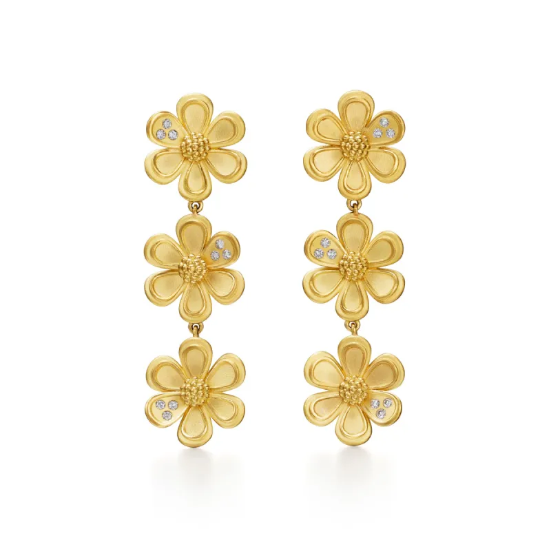18K Golden Flower Triple Drop Earrings sold by TEMPLE ST CLAIR