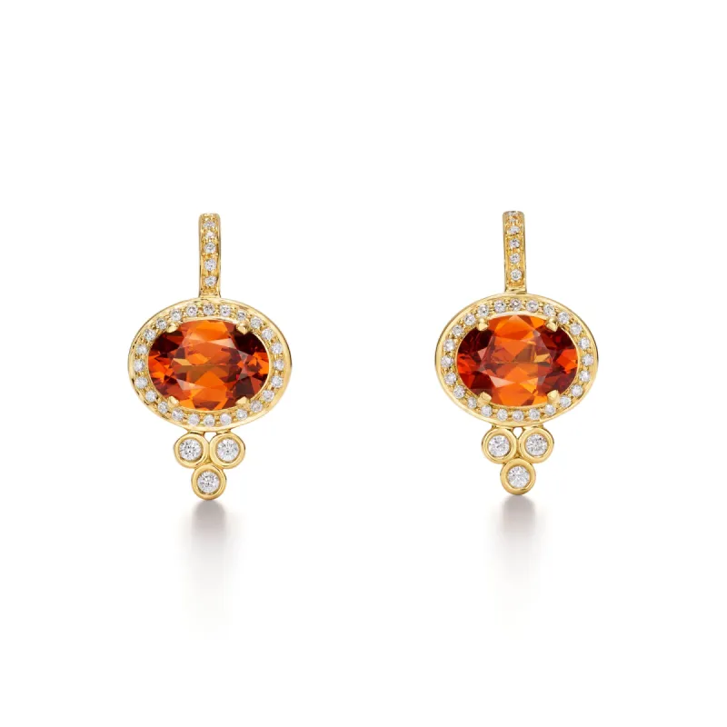 18K Mandarin Garnet Halo Pyramid Earrings sold by TEMPLE ST CLAIR