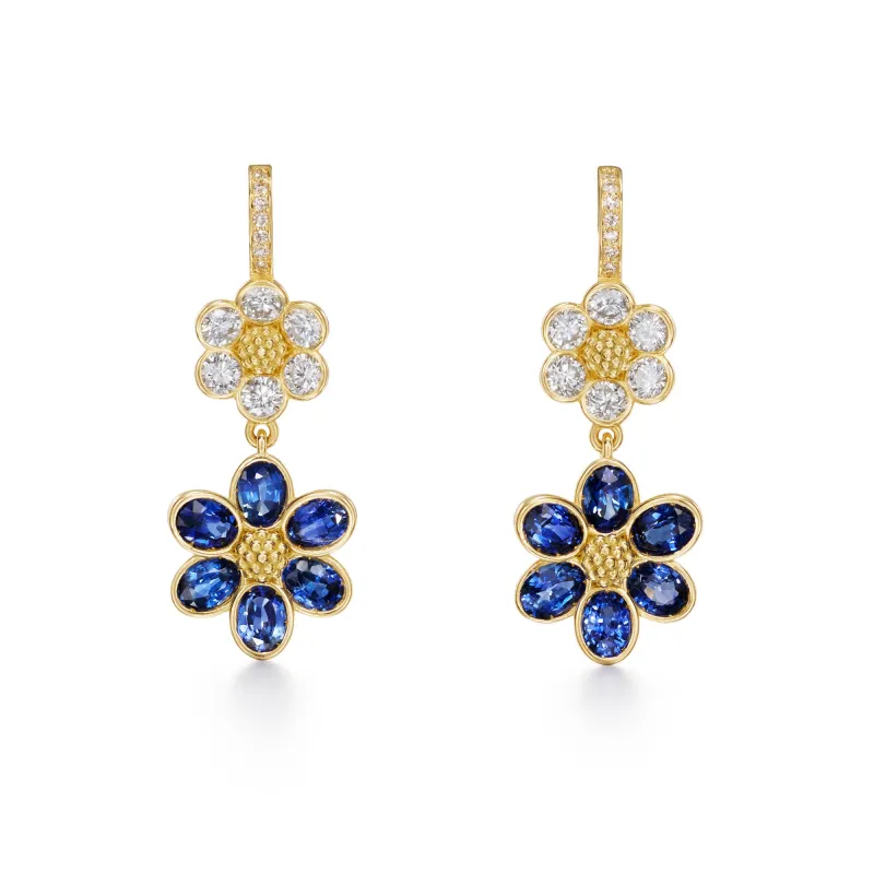 18K Diamond Blue Sapphire Fiori Drop Earring sold by TEMPLE ST CLAIR