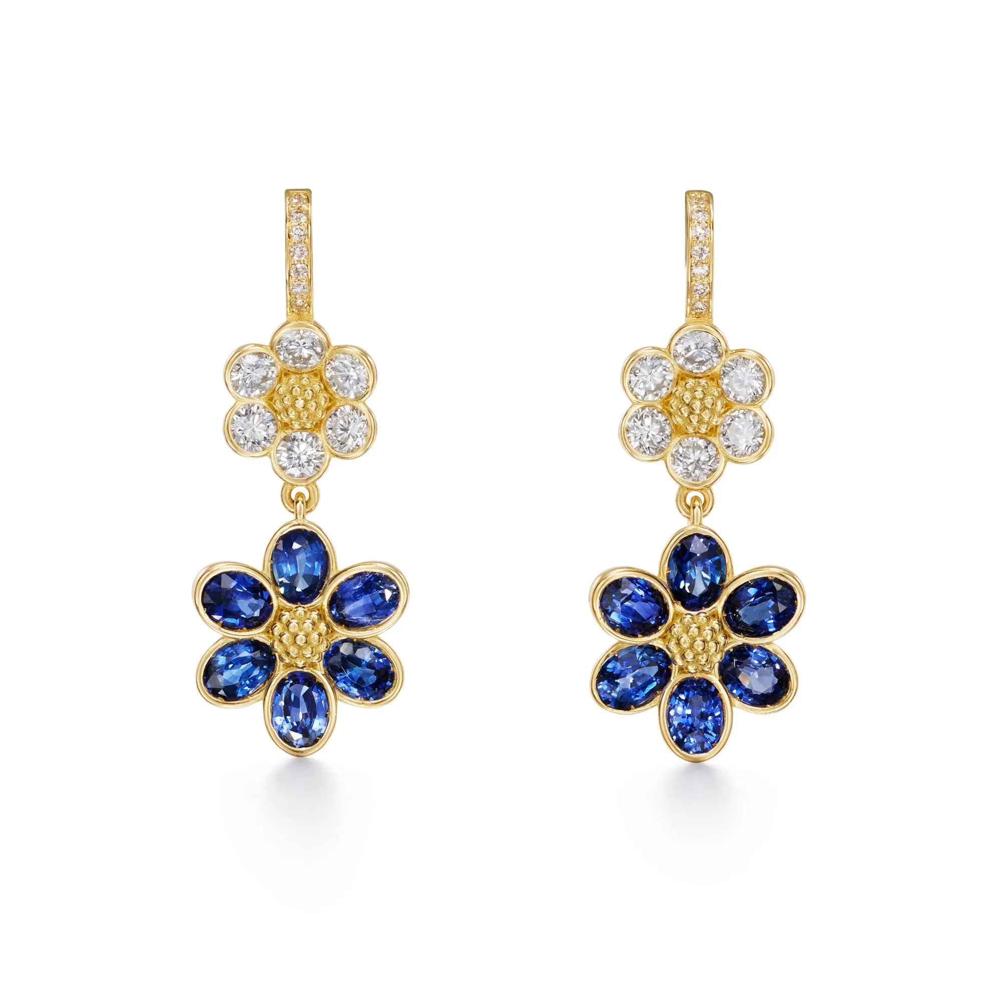 18K Diamond Blue Sapphire Fiori Drop Earring sold by TEMPLE ST CLAIR