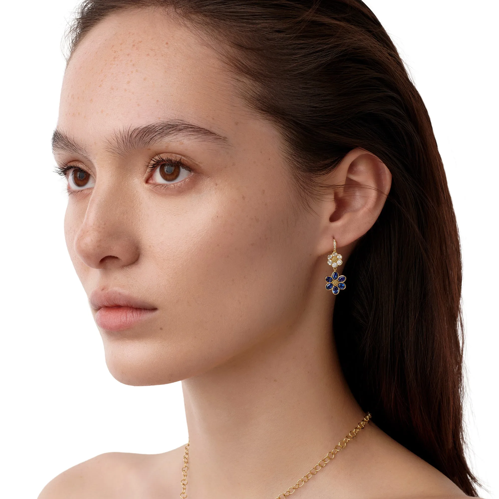 18K Diamond Blue Sapphire Fiori Drop Earrings sold by TEMPLE ST CLAIR product image thumbnail 2