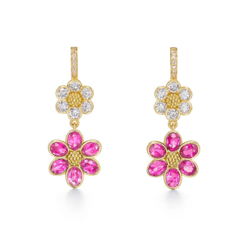 18K Diamond Pink Sapphire Fiori Drop Earrings sold by TEMPLE ST CLAIR
