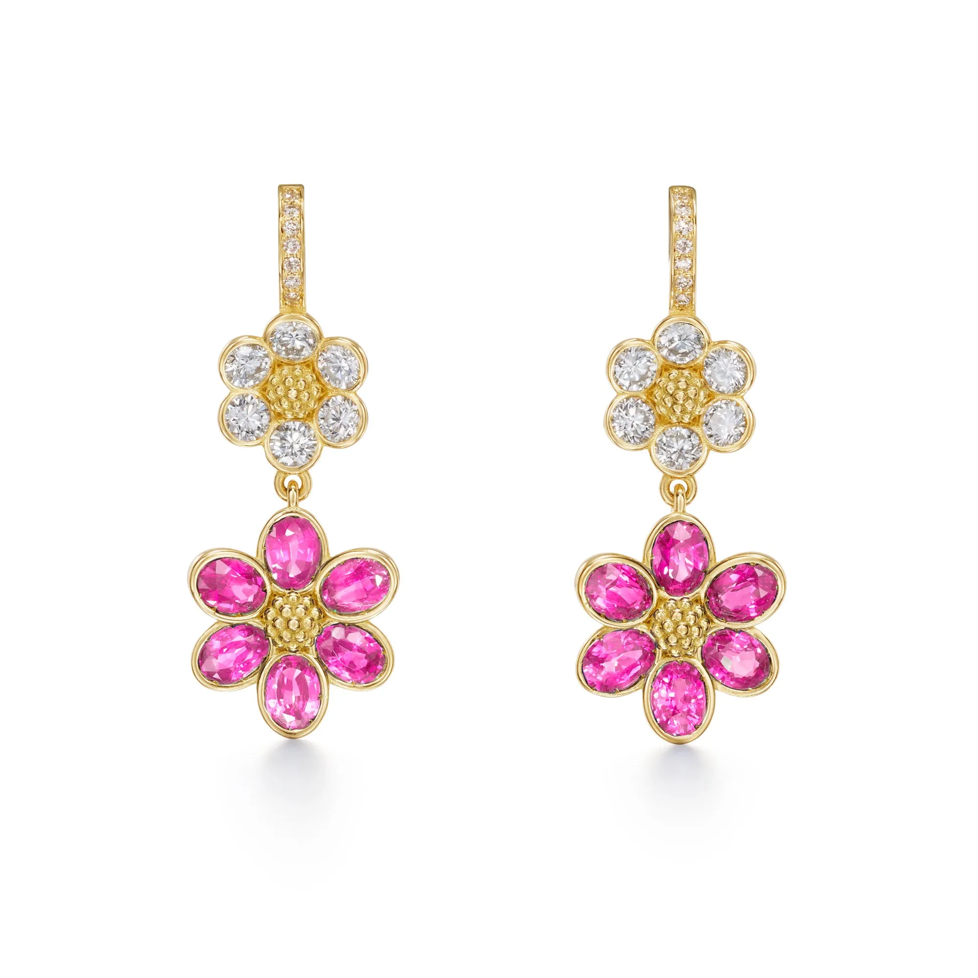 18K Diamond Pink Sapphire Fiori Drop Earrings sold by TEMPLE ST CLAIR