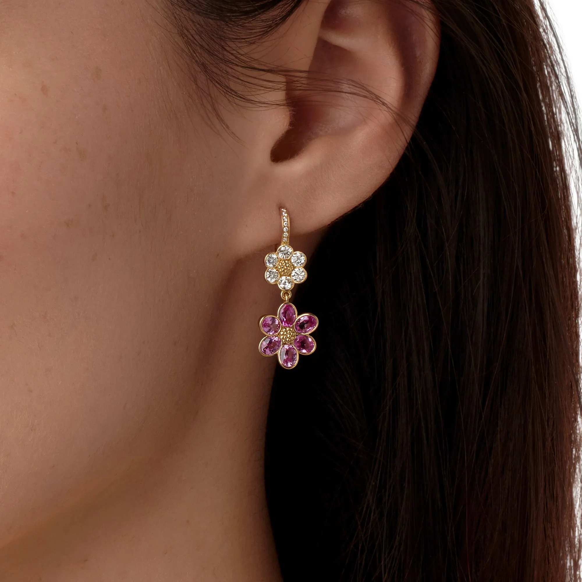 18K Diamond Pink Sapphire Fiori Drop Earrings sold by TEMPLE ST CLAIR product image thumbnail 3