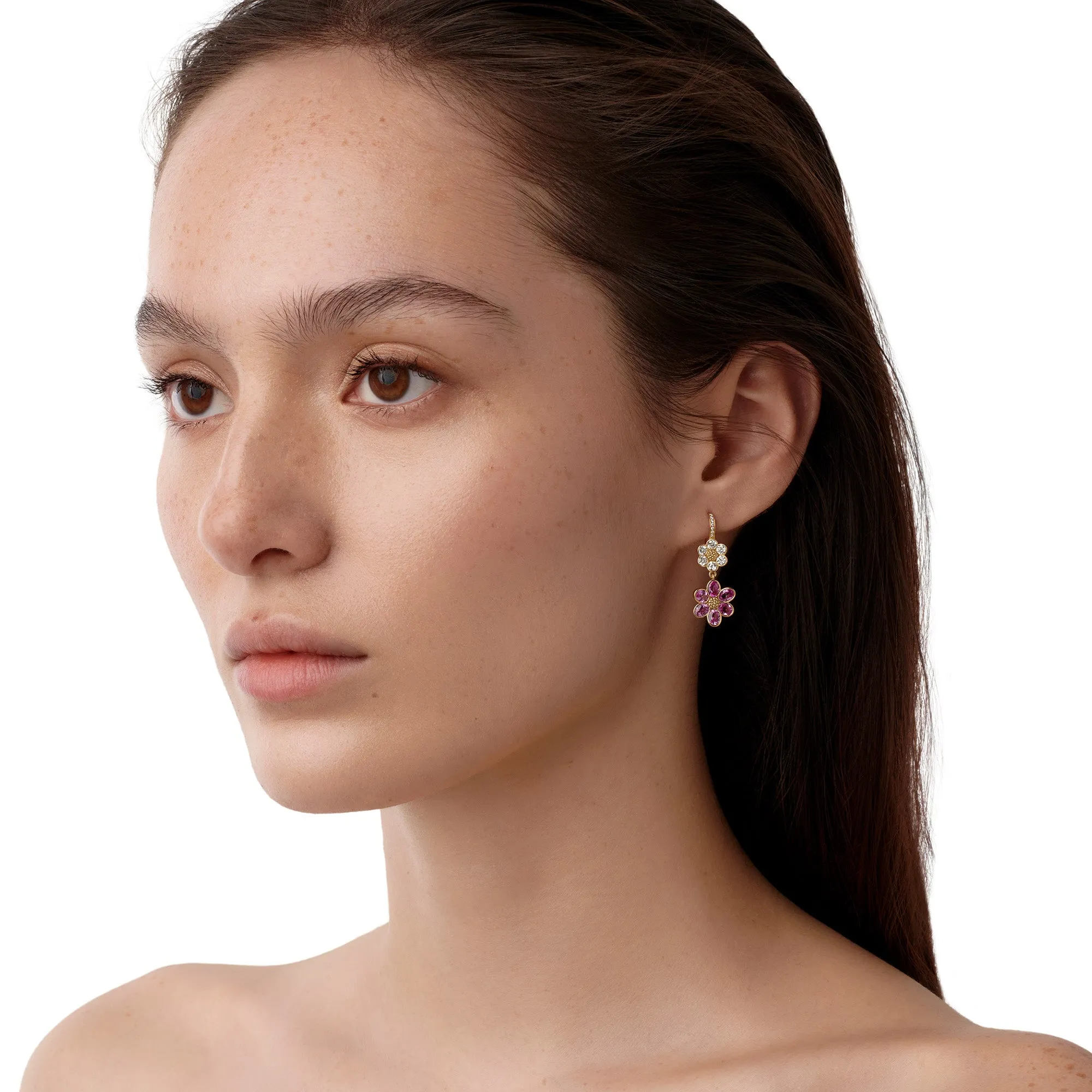 18K Diamond Pink Sapphire Fiori Drop Earrings sold by TEMPLE ST CLAIR product image thumbnail 2