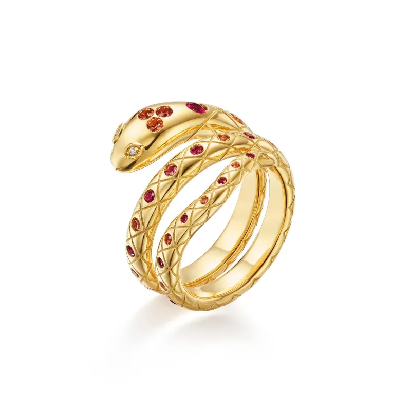 18K Ruby and Orange Sapphire Delphi Serpent Ring made by TEMPLE ST CLAIR