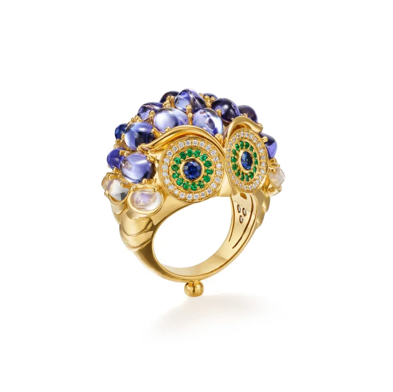 18K Large Tanzanite Temple Owl Ring sold by TEMPLE ST CLAIR