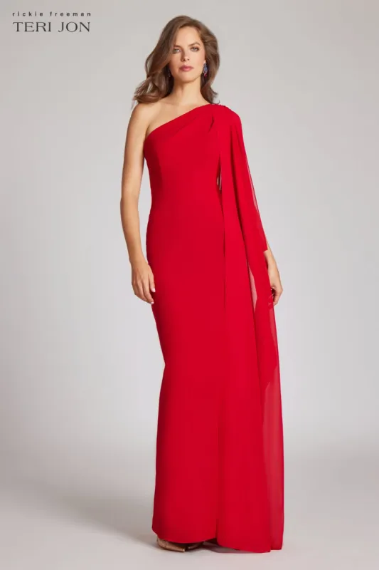 Crepe One Shoulder Fly Away Evening Gown sold by Teri Jon