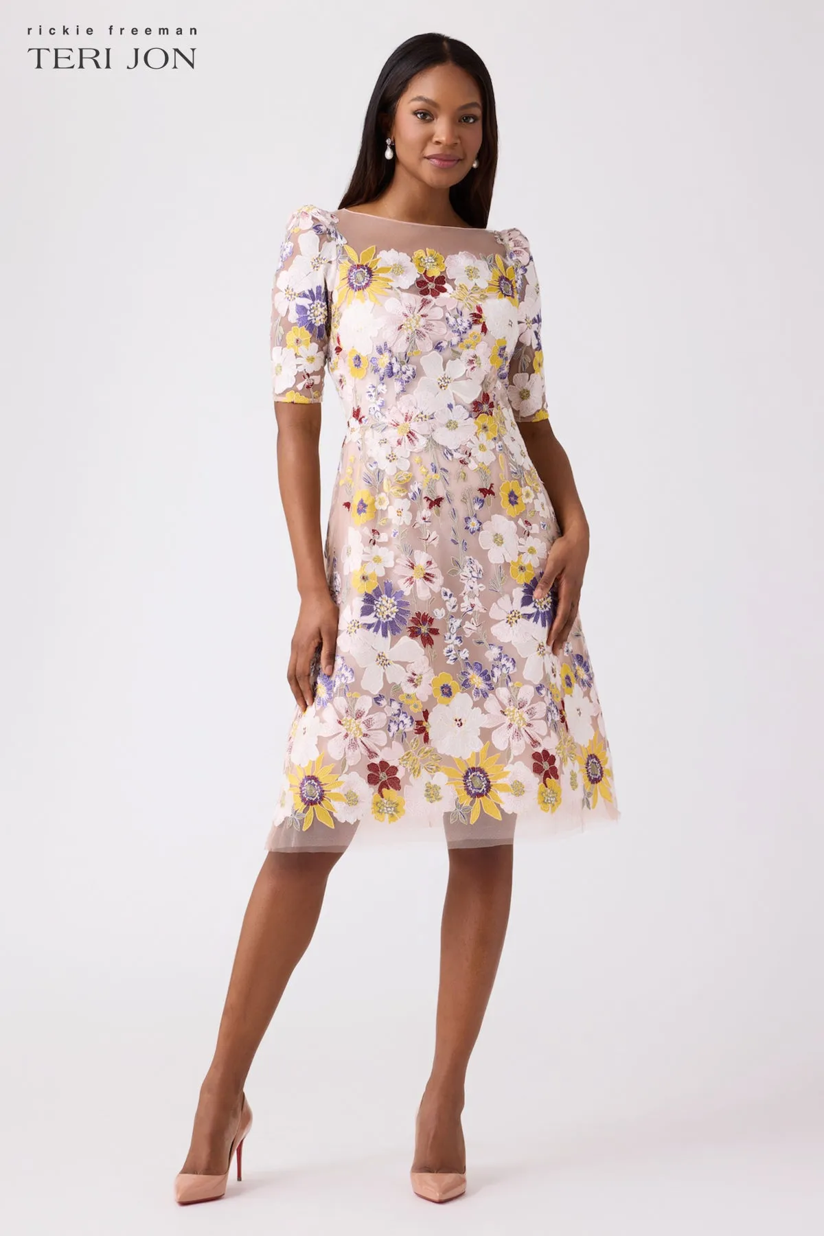 Elbow Sleeve 3D Flower Embroidered Fit N Flare Dress sold by Teri Jon