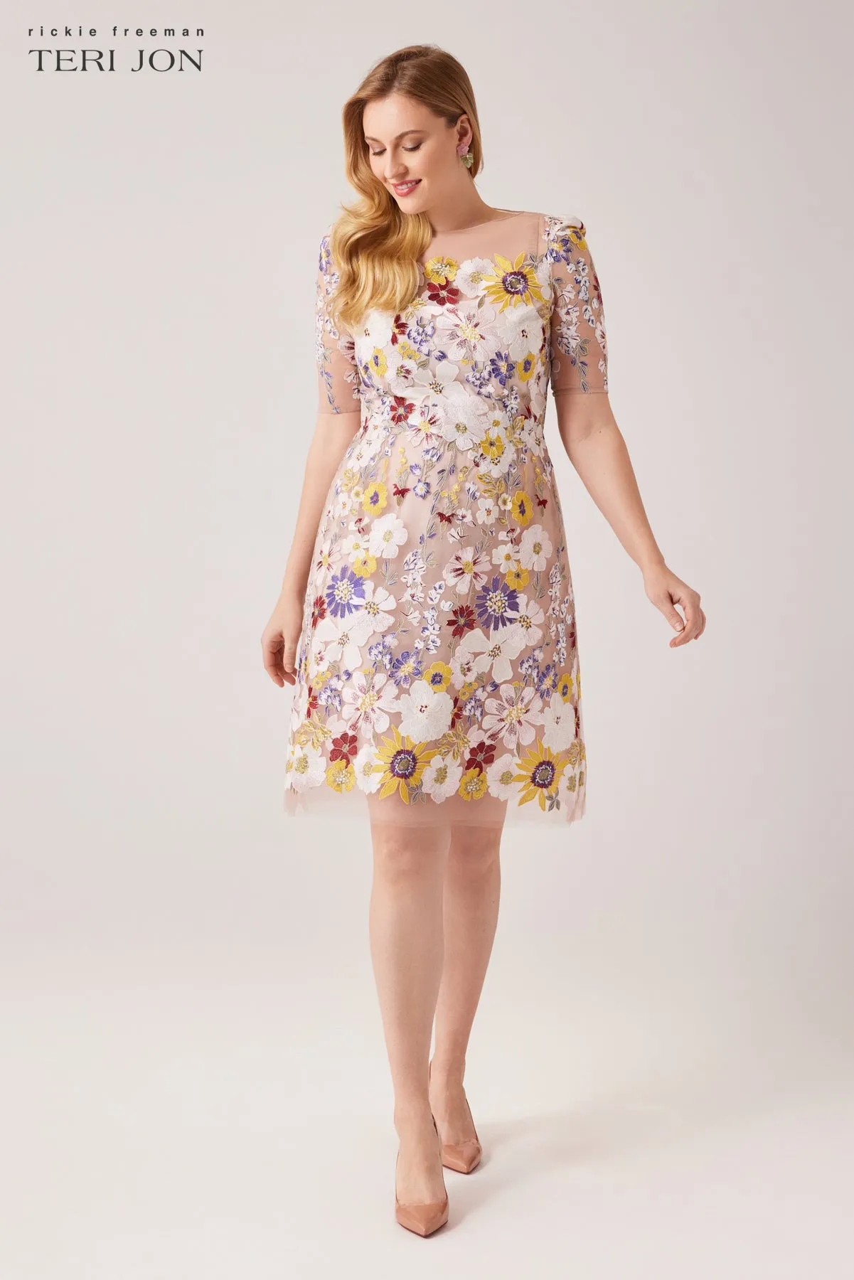 Elbow Sleeve 3D Flower Embroidered Fit N Flare Dress sold by Teri Jon product image thumbnail 2