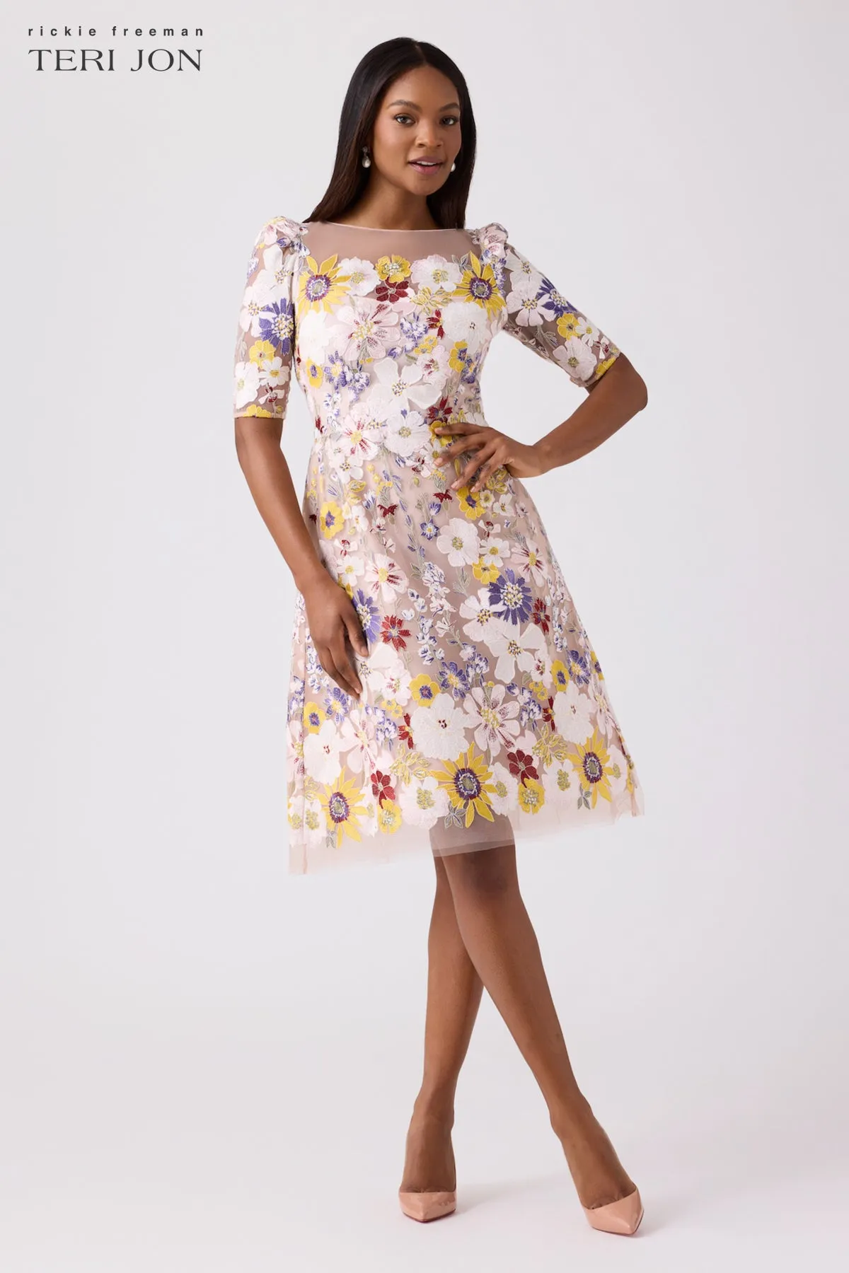 Elbow Sleeve 3D Flower Embroidered Fit N Flare Dress sold by Teri Jon product image thumbnail 3