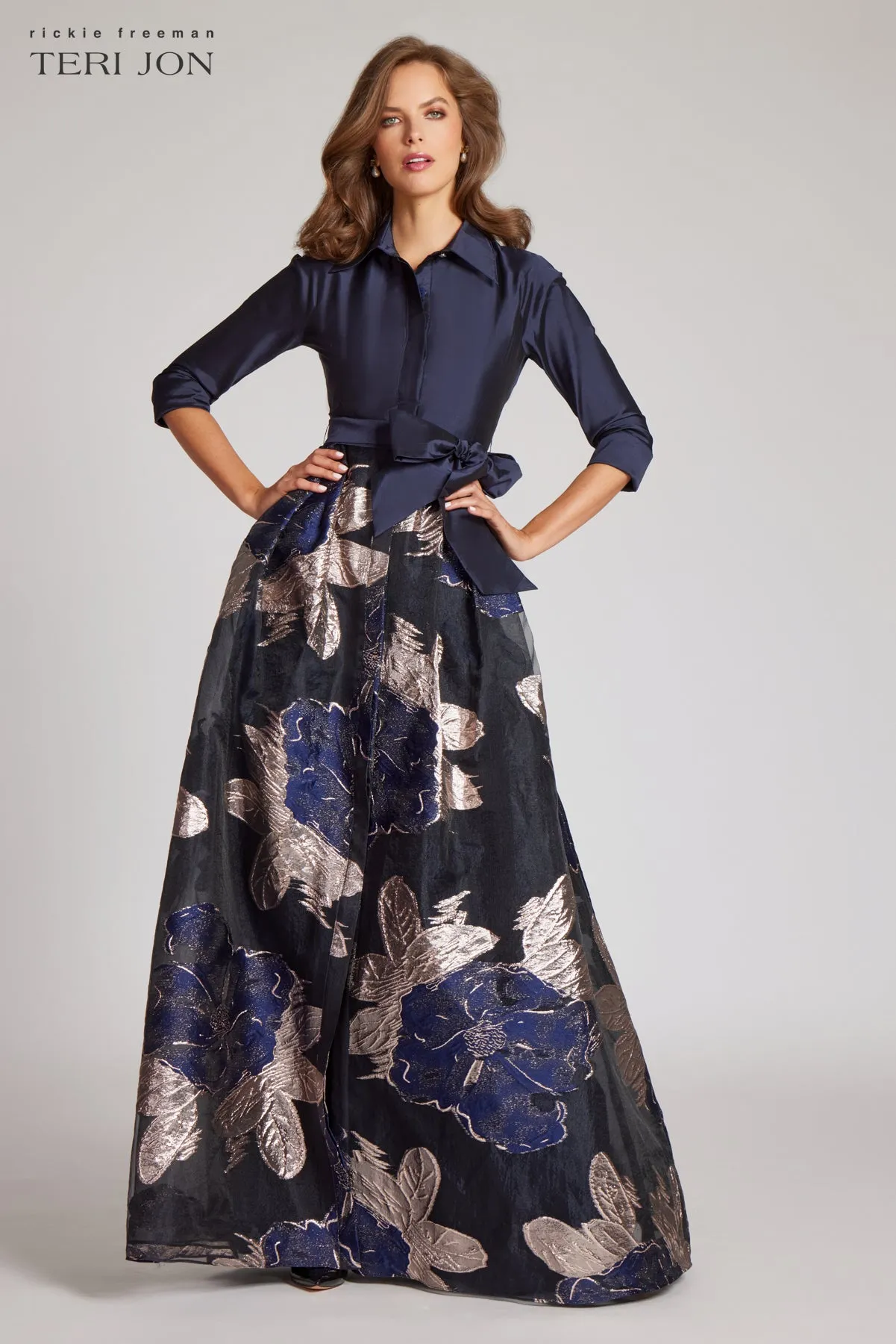 Navy Taffeta Shirtdress with Burnout Floral Print sold by Teri Jon product image thumbnail 3