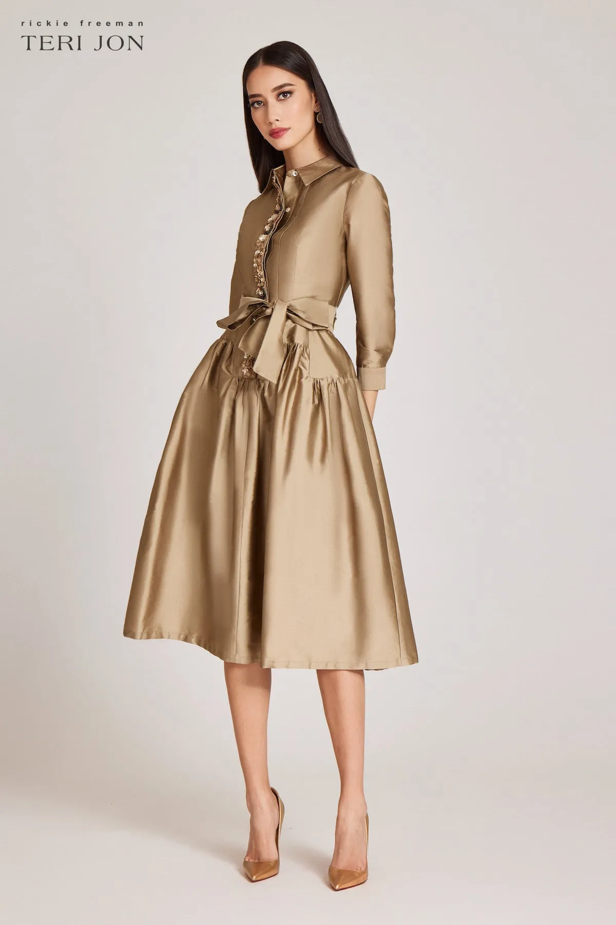 Taffeta Shirtdress With Beaded Placket sold by Teri Jon