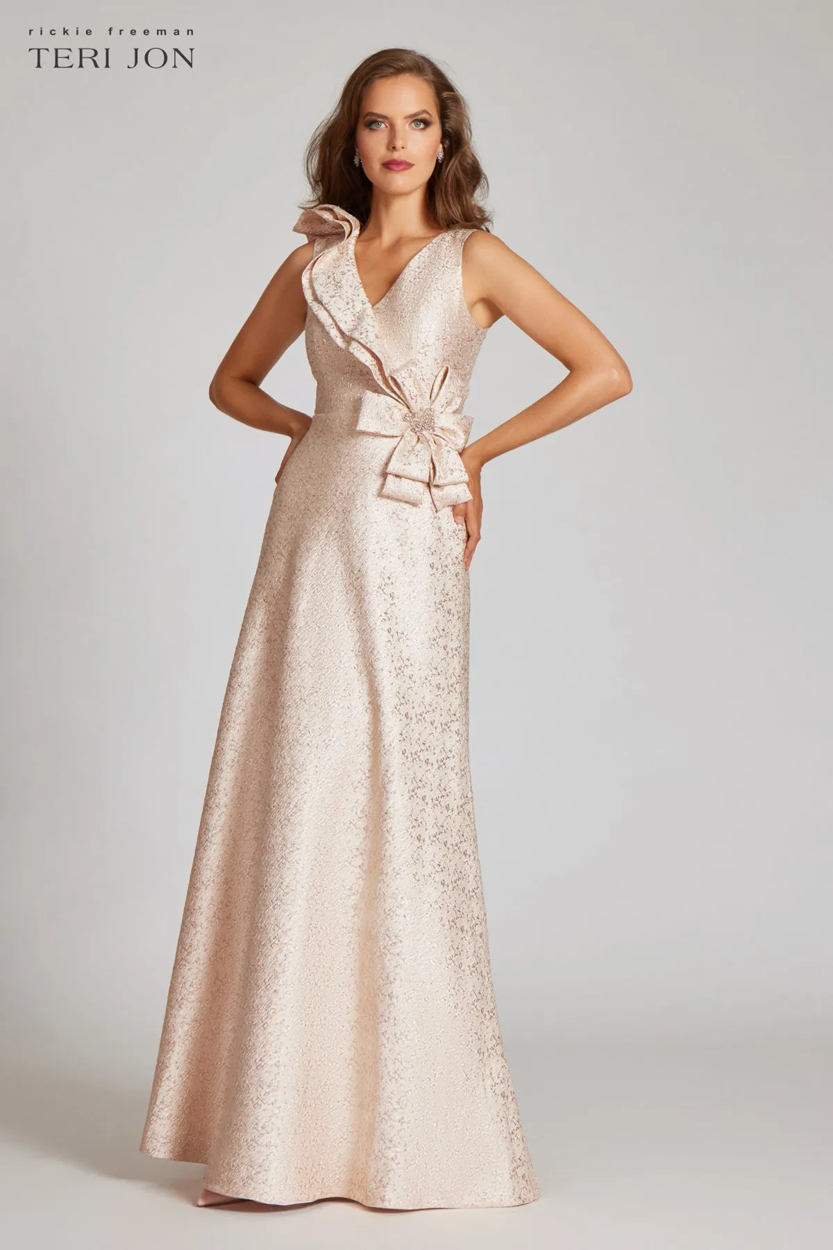 Metallic Jacquard Asymmetrical Ruffle Gown sold by Teri Jon